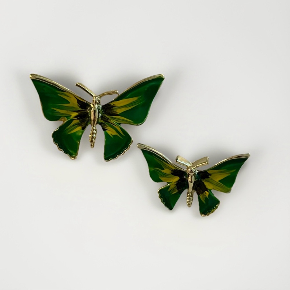 Vintage Green and Yellow Butterfly Brooch Set